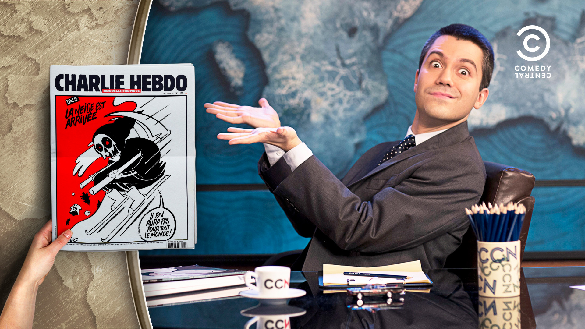 Contributo grafico con una copertina di Charlie Hebdo per la trasmissione televisiva CCN Comedy Central News di Saverio Raimondo