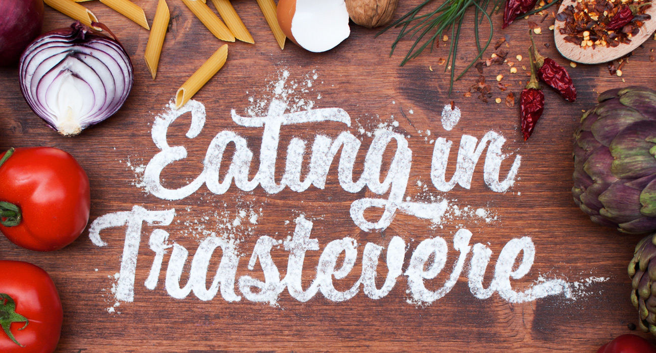 Dettaglio della copertina del libro bilingue Eating in Trastevere di Paolo Brogi: il lettering è stato realizzato a mano con la farina su un piano di legno.