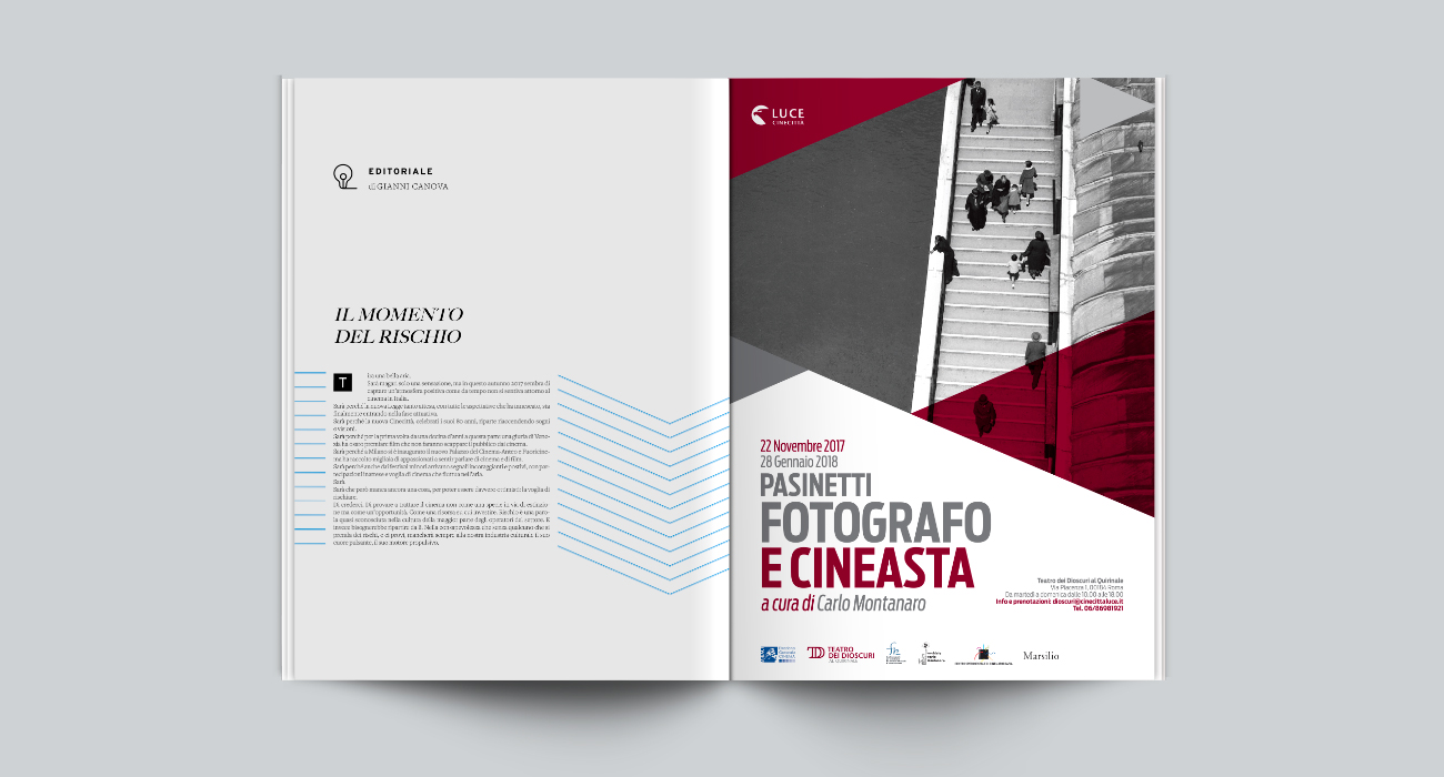 Pagina pubblicitaria della mostra Pasinetti Fotografo e Cineasta organizzata da Istituto Luce al Teatro dei Dioscuri, progettata e realizzata da Studio Polpo