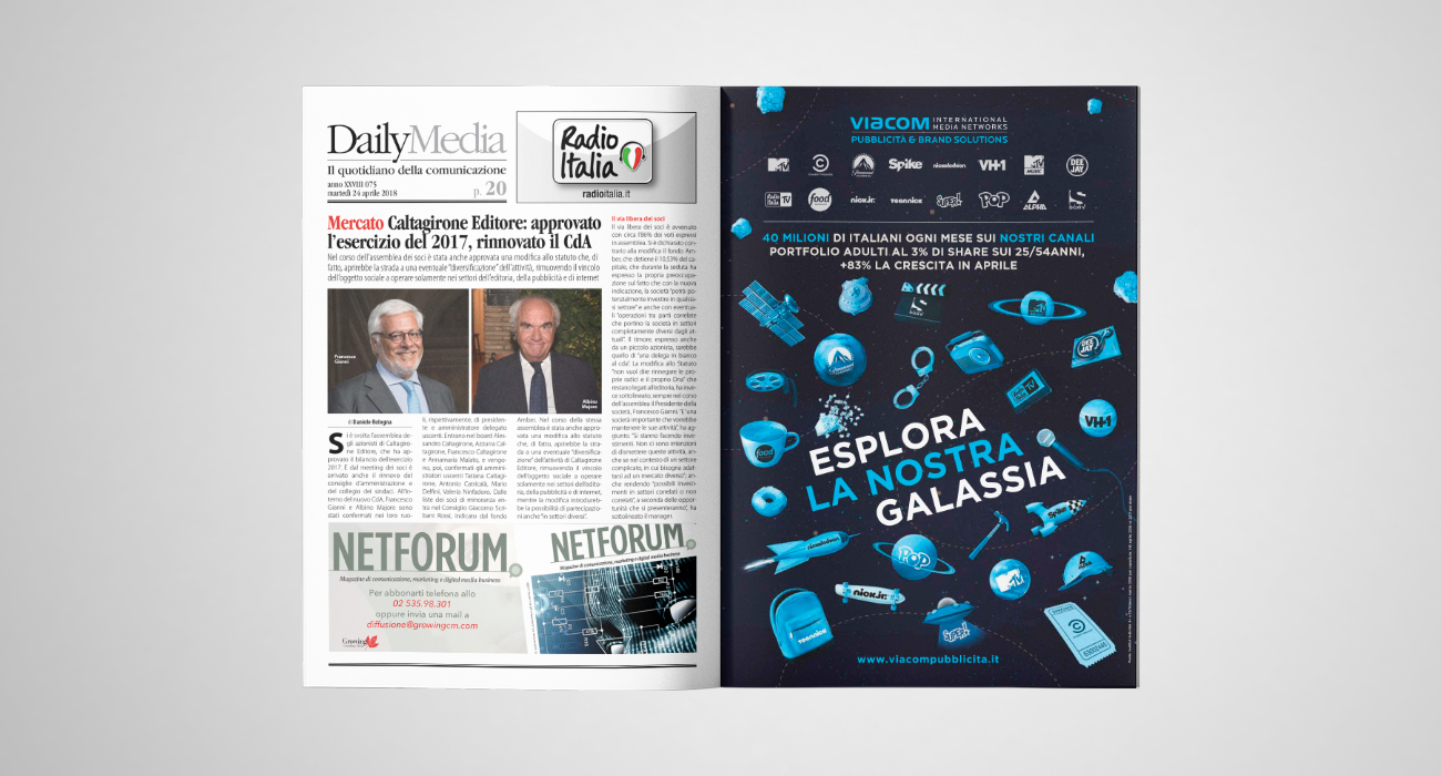 Pubblicità b2b pubblicata sulla rivista di settore DailyMedia per Viacom Pubblicità, che mostra i suoi tanti canali, come Alpha e Cine Sony